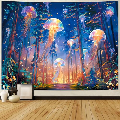 Racunbula Blacklight Forest Jellyfish Tapestry UV Reactive Nature Tree Tapestry Trippy Fantasy Starry Sky Tapestries Aesthetic Jungle Plants Tapestries Wall Hanging for Bedroom - color: Fantasy Forest, size: 59.1"L x 51.2"W
