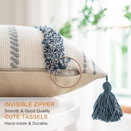 Boho Throw Pillow Covers 12x20 Set of 2 Woven Tufted Farmhouse Pillows Cover with Tassels Textured Striped Cushion Case Lumbar Pillow Cases Decorative Pillowcase for Sofa, Couch, Bed, Dark Blue - color: Dark Blue, size: 20" x 12" (Pack of 2)
