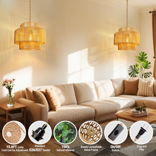 Hanging Light Ceiling Lamp Pendant Lights Rattan Hanging Lamp with Plug in Cord for Living Room Bedroom Kitchen Indoor Hanging Lamp Plug in Woven Lampshade - size: 12 Inch-Lantern Shade