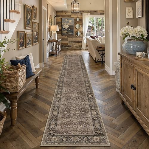 HUGEAR Brown Washable 2x12 Runner Rugs for Hallway Entryway Vintage Distressed Neutral Rug Carpet Durable Soft Non Slip & Shedding Stain Resistant Low Pile Indoor Home Decor - color: Retro | Brown, size: 2' x 12' (Runner)