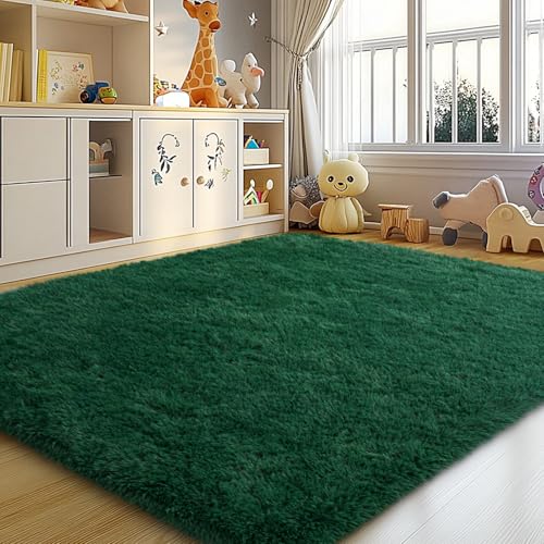 Mugorn 4x6 Rugs for Living Room, Large Fluffy Dark Green Area Rugs for Bedroom, Soft Carpet Shag Kids Rug with 4 Non-Slip Rug Pads (4ft x 6ft, Dark Green) - color: Dark Green, size: 4ft X 6ft