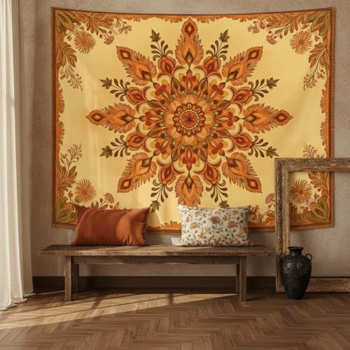 Motanber Boho Mandala Floral Tapestry Wall Hanging Bohemian Orange Yellow Flower Tapestry Aesthetic Vintage Sunflower Indian Cute Small Tapestries for Bedroom Living Room Dorm Decor 60 x 44 Inch - color: Orange Yellow, size: 60"L x 44"W
