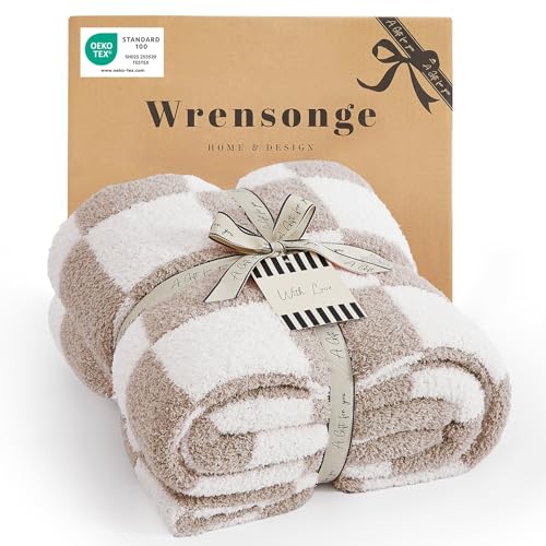 WRENSONGE Checkered Throw Blanket, Taupe Microfiber Soft Cozy Fluffy Warm Hand Made Throw Blankets for Couch, Sofa, Chair, Bed, Camping, Picnic, Travel Lightweight Bed Blanket - 50"*70" - color: Art Taupe, size: Throw-XL(50"x 70")