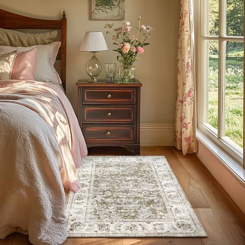 jinchan Fiora Floral Area Rug 3x5, Distressed Vintage Floral Washable Rug with Low-Pile Surface and Non-Slip Backing, for Bedroom Nursery Reading Corner Home Office and Small Living Spaces, Taupe - color: Distressed Taupe, size: 3' x 5' (Light Weight)