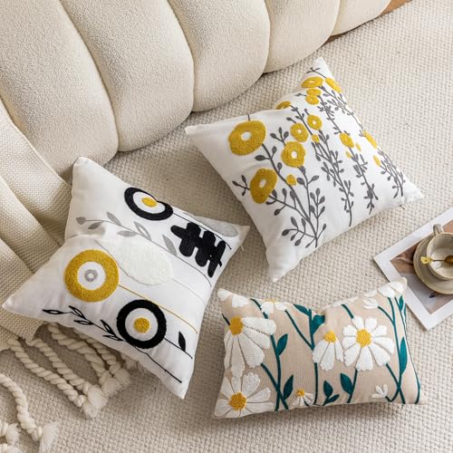 vctops Boho Floral Tufted Decorative Throw Pillow Cover Botanical Embroidered Cotton Cushion Cover for Couch Sofa Bed (Flower B,18"x18") - color: Flower B, size: 18" x 18" (Pack of 1)