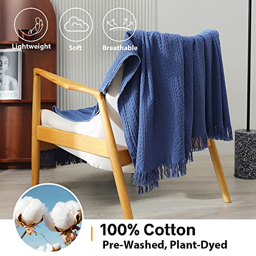 Simple&Opulence 100% Cotton Throw Blanket for Couch, Bed, Waffle Weave Cable Knit Blanket with Tassels, Soft Lightweight Pre-Washed Breathable Cozy Blanket Farmhouse Decoration for All-Season (Blue) - color: Blue