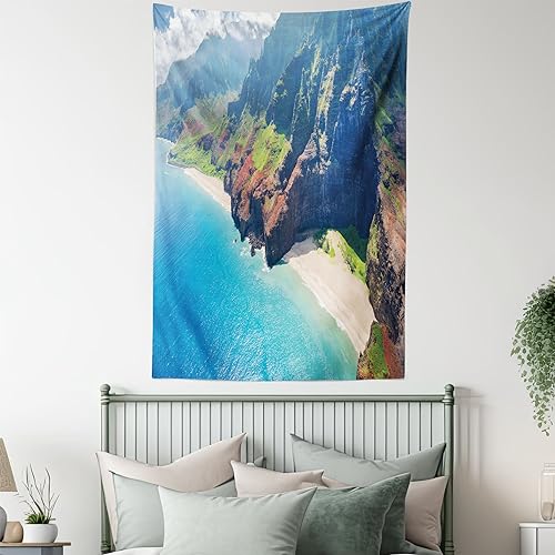 Ambesonne Hawaiian Tapestry, Na Pali Coast on Kauai Island on Hawaii Sunny Day Seaside Mountain Skyline, Wall Hanging for Bedroom Living Room Dorm Decor, 60" X 80", Blue Green Brown - color: Green Brown, size: 80"L x 60"W