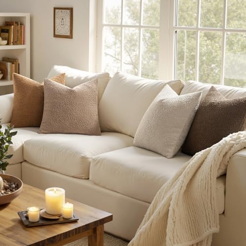 MIULEE Pack of 4 Decorative Textured Boucle Throw Pillow Covers 18x18 Inch Neutral Brown Accent Solid Pillow Cases Couch Cushion Covers for Modern Farmhouse Boho Chair Sofa Bed Room Home Decor - color: Neutral Brown, size: 18" x 18" (Pack of 4)