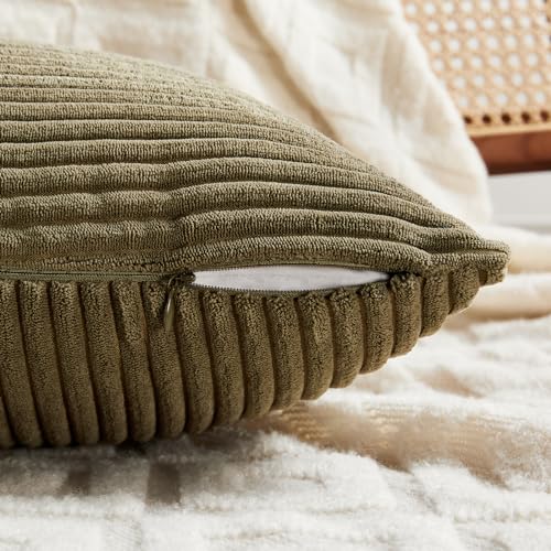 Fancy Homi 2 Packs Olive Green Samll Decorative Throw Pillow Covers 12x12 Inch with for Couch Bed Sofa, Rustic Farmhouse Boho Home Decor, Soft Corss Patchwork Corduroy Square Cushion Case 30x30 cm - color: Olive Green, size: 12" x 12" (Pack of 2)