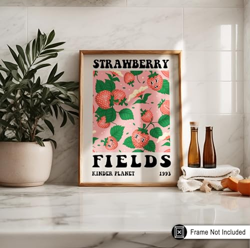 Poster Master Strawberry Fields Poster - Retro Strawberry Print - Fruit Art - Preppy & Trendy Design - Flower Artwork - Food & Drink Decor - Aesthetic Kitchen or Restaurant Decor - 8x10 UNFRAMED - color: Style-13, size: 8"L x 10"W