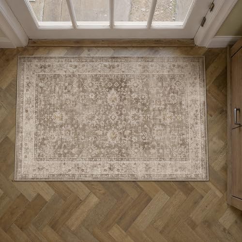 HUGEAR 2x3 Entryway Rug Taupe Machine Washable Rug Room Decor Vintage Distressed Small Area Rugs Indoor Door Mat Low Pile Non Slip Carpet for Kitchen Living Bedroom Soft Lightweight - color: A| Taupe, size: 2' x 3' (Rectangular)