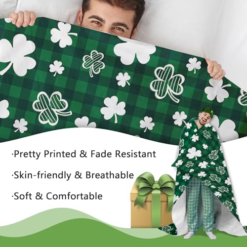 St Patricks Day Flannel Throw Blanket, Lucky White Shamrock Clover Buffalo Plaid Check Birthday Gifts for Kids Men Women, Irish Spring Soft Blankets for Bedding Sofa 50" x 60" - color: Lucky Clover