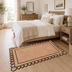 Braided Scalloped Jute Rug Natural with Black Trim, Handmade Farmhouse Boho Area Rug for Entryway, Kitchen, Hallway, Living Room, Bedroom, Rustic Woven Floor Rug - (Black- 4X6 ft) - size: 4' x 6' (Rectangular)