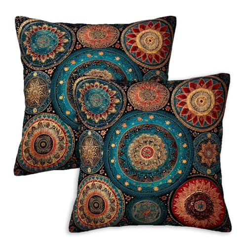 Firmiso Boho Mandala Throw Pillow Covers 18x18 Set of 2｜Decorative Cushion Covers for Couch Sofa Bed｜Teal Orange Medallion Pillow Cases｜Moroccan Bohemian Home Decor - color: Boho Mandala