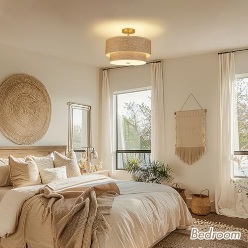 16 Inch Woven Rattan Linen Semi Flush Mount Ceiling Light Fixture, Modern Boho Drum Lamp for Bedroom, Kitchen, Dining Room, Living Room, Hallway, Entryway, Farmhouse Gold Wicker Chandelier - color: Brown