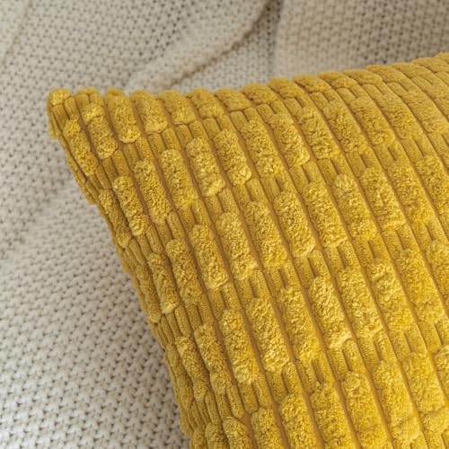 Mustard Yellow Corduroy Decorative Throw Pillow Covers 16x16 Inch Set of 2 Soft Striped Boho Couch Pillow Covers Spring Modern Farmhouse Home Decor for Sofa Neutral Living Room Bed - color: Mustard Yellow, size: 16" x 16" (Pack of 2)