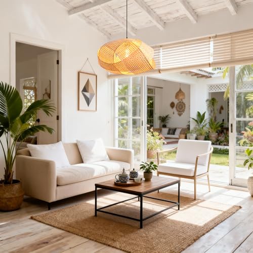 Bohemia Chandelier Light for Dining Room, Woven Bamboo Pendant Light, Hand-Woven Rattan Boho Ceiling Light for Kitchen Island Bedroom, Natural Wood Hanging Lamp with 47.2" Adjustable Cord - color: D3051