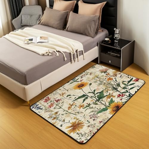 Erosebridal Boho Flower Floral Area Rug 4'11" x 3'3" Botanical Neutral Living Room Rugs Vintage Landscape Wildflower Decorative Carpet Retro Country Indoor Floor Mat - color: Beige Yellow, size: 3'3" x 4'11" (Rectangular)