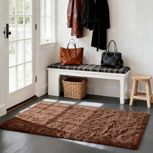 Fluffy Rug Shag Area Rug, Brown 2x4 Area Rugs for Bedroom, Small Bedside Rug, Soft Fluffy Shag Entryway Throw Rugs for Living Room Bedroom Room Home Decor - color: Mottling Brown, size: 2' x 4' (Rectangular)