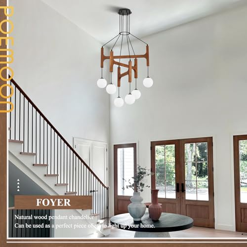 Farmhouse L28 '' Wooden Chandeliers with Milk Glass Globes Lampshades, Rustic Unique Mid Century Long 6-Light Pendant Chandelier for Living Dining Room Entryway Bedroom Kitchen,G9,Wood Stained Walnut - color: Walnut, size: L28 inches