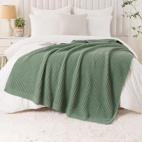 Bunnikins & Clover Knitted Waffle Throw Blanket 50x60 Inches, Sage Green Throw Blanket for Couch, Soft Cozy Chenille Knit Blanket Warm Decorative Throw for Sofa - color: Sage, size: 50"x60"