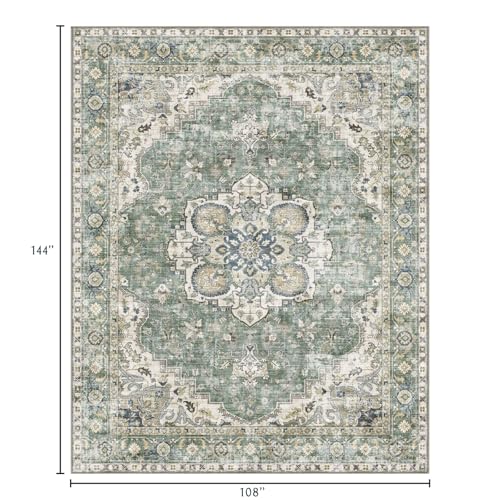 LUXRUG Area Rugs 9x12 Living Room - Large Washable Sage Green Boho Rugs for Bedroom Soft Vintage Rug Ultra-Thin Farmhouse Oriental Medallion Carpet Non Slip Rug for Dining Room Guest Room Home Decor - color: Green, size: 9' x 12' (Rectangular)