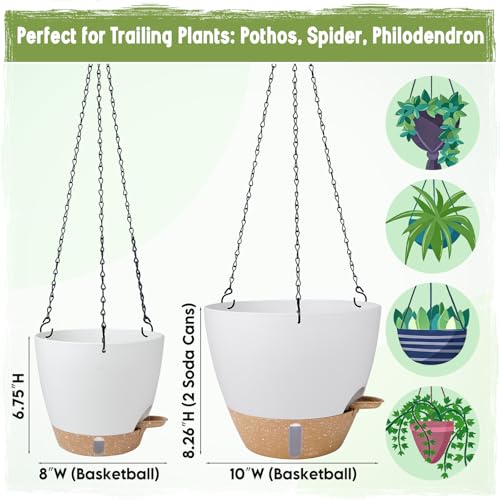 Self-Watering Hanging Planters with Water Level Window, 8/10 Inch Indoor Outdoor Hanging Plant Pots Includes Chain Hangers with Drainage Holes & Detachable Reservoir (White, 8+10 inch) - color: White
