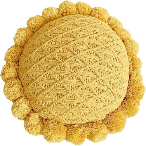 Byitre Bohemian Round Pillow 20 Inch | 100% Cotton Decorative Pillow Hand Tufted with Chunky Textured Poms | Boho Throw Pillow for Bed or Couch | Natural Yellow Throw Pillow - color: Lattice Yellow