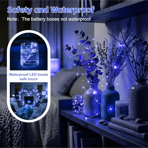 8 Pack Rechargeable LED Fairy Lights 7Ft 20LED Battery Operated with Remote, DIY Timer & 8 Modes, Mini Twinkle String Lights for Indoor Christmas Wedding Mason Jar Bedroom Party Table (Blue) - color: Blue