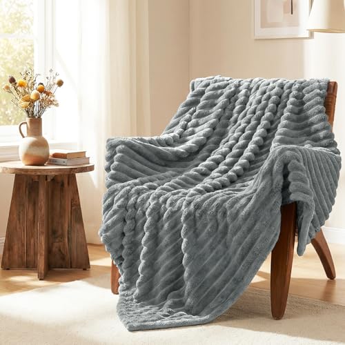 HIMEET Fleece Grey Throw Blanket for Bed - 300GSM Ribbed Soft Cozy Blanket for Couch, Graduation Birthday Gifts for Women Men Her, College Dorm Essentials Minimalist Room Throws, 50x60 Inches - color: Grey, size: Throw (50" x 60")