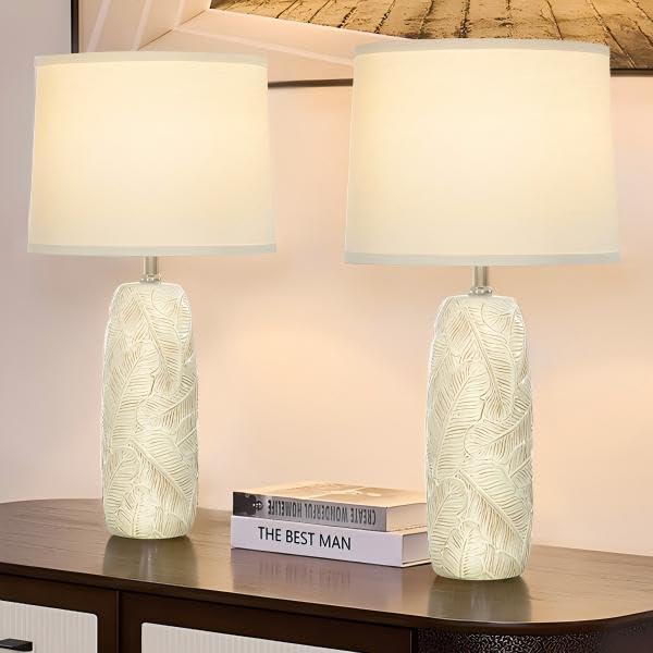 EUO 25” White Lamps Set of 2 for Living Room, Bedroom, Farmhouse Ceramic Table Lamps for Nightstand Set of 2, White Ceramic Lamps with Leaves Design - color: Leaves-WH