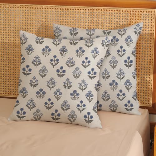 Blue Grey Pillow Covers 16x16 Inch 2 Pcs Gray Block Print Vintage Floral Decor Throw Pillows Boho Flower Spring Summer Outdoor Seasonal Decoration Pillowcase Linen Cushion Cover for Couch Sofa - color: Blue Grey Block Print Floral, size: 16" x 16" (Pack o