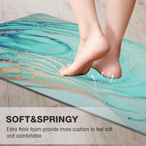 MAYHMYO Kitchen Rugs and Mats Set of 2 Teal Marble Gold Anti Fatigue Mat PVC Non Slip Turquoise Foam Cushioned Kitchen Mats for Floor,17.3 x 29 x 0.4 inch + 17.3 x 59 x 0.4 inch - color: Teal, size: 29"L X 17.3"W X 0.4"Th + 59"L X 17.3"W X 0.4"Th