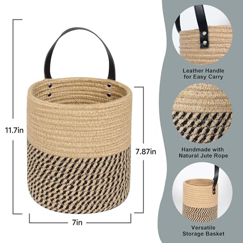 MEGASKET 2 Pack Wall Basket, Small Hanging Baskets for Organizing, Wicker Boho Wall Decor Set, Indoor Hanging Plant Holder Jute Rope Storage Basket, Rattan Woven Organizer for Decor, Black and Jute - color: Black and Jute