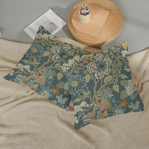 Chinoiserie Throw Pillow Covers 18x18 Inch 2 Pcs Green Blue Teal Floral Decor Pillow Covers Vintage Flower Spring Summer Outdoor Seasonal Decorative Pillowcase Linen Cushion Cover for Couch - color: Chinoiserie Green Blue Teal Floral, size: 18" x 18" (Pac