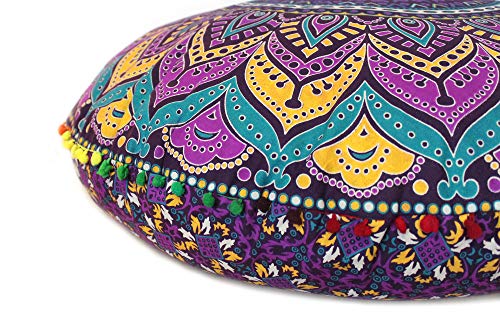 CRAFT KALA Mandala Floor Pillow Cushion Cover Seating Throw Cover Hippie Decorative Bohemian Ottoman Poufs Pom Pom Pillow Cases Boho Indian Cotton Living Room Yoga Home Décor 24" Round, New Pink Ombre - color: New Pink Ombre, size: 24" x 24" (Pack of 1)