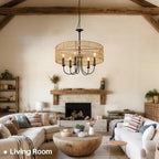 24 Inch Farmhouse Rattan Chandelier, Hand-Woven Boho Pendant Light Fixture with Black Metal Frame, Rustic Hanging Ceiling Lighting for Dining Room, Kitchen Island, Living Room, Bedroom - color: Rattan B