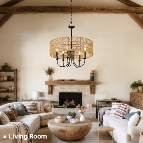 24 Inch Farmhouse Rattan Chandelier, Hand-Woven Boho Pendant Light Fixture with Black Metal Frame, Rustic Hanging Ceiling Lighting for Dining Room, Kitchen Island, Living Room, Bedroom - color: Rattan B