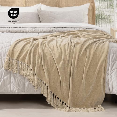 RECYCO Throw Blanket Soft Cozy Chenille Throw Blanket with Fringe Tassel for Couch Sofa Chair Bed Living Room Gift (Beige, 60" x 80") - color: Beige, size: 60'' X 80''