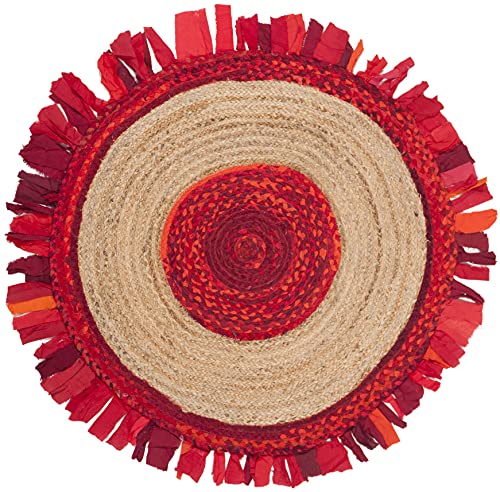 SAFAVIEH Cape Cod Collection 3' Round Red / Natural CAP701Q Handmade Boho Fringe Jute & Cotton Area Rug - color: Red/Natural, size: 3' (Round)