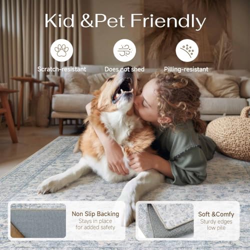PureCozy 2x6 Runner Rug Washable Neutral Blue Vintage Hallway Kitchen Carpet Non Slip Low Pile Soft Floral Indoor Long Throw Rug for Bedroom Bathroom Laundry Living Room - color: Vintage | Blue, size: 2' x 6' (Runner)