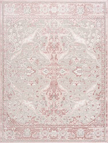 Hauteloom Isidore Boho Vintage Floral Area Rug - Farmhouse Traditional Medallion Carpet for Living Room, Bedroom, Dining Room - High Pile - Pale Pink, Peach, Cream, Blush - 5'2" x 7' - color: Pink, Gray / Zora, size: 5'2" x 7' (Rectangular)