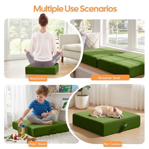 MeMoreCool Square Floor Pillows for Adults Kids, 2 Sets Large Meditation Cushion with 5" Thick Foam and Washable Tufted Cover, 24 Inch Green Seat Floor Cushions for Sitting and Yoga - color: Forest Green, size: 24 Inch