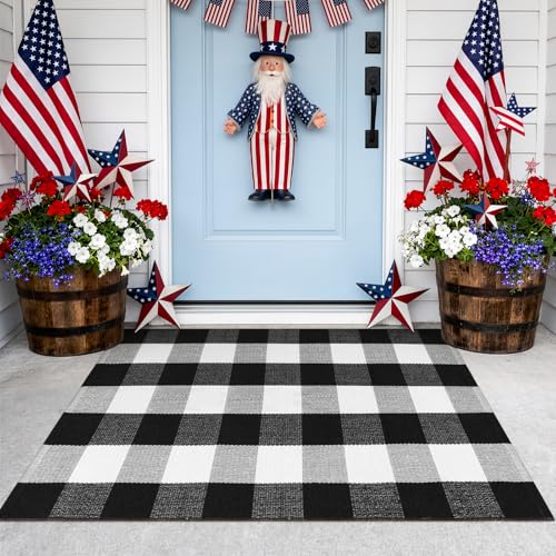 KIMODE Front Door Mat Buffalo Plaid Outdoor Rug 27.5"x43" Black and White Checkered Rug Farmhouse Front Porch Rug Outdoor Srping Decor Cotton Woven Washable Layered Door Mats - color: Black/White, size: 2'4" x 3'7" (Rectangular)