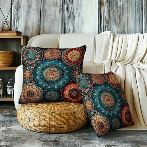 Firmiso Boho Mandala Throw Pillow Covers 18x18 Set of 2｜Decorative Cushion Covers for Couch Sofa Bed｜Teal Orange Medallion Pillow Cases｜Moroccan Bohemian Home Decor - color: Boho Mandala