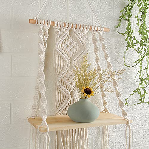 Mong Handmade Macrame Wall Hanging Shelf, Boho Indoor Rope Plant Pot Basket Hanger Holder, Rope Plant Hanger for Wall Decor Indoor Outdoor