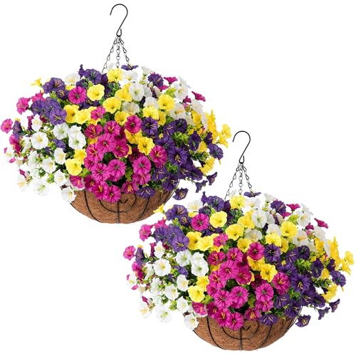2 Set Artificial Fake Hanging Flowers Plants Baskets for Outdoors Spring Outside Decor , UV Resistant 24 Pcs Faux Silk Morning Glory with 2 Outdoor Hanging Planters Look Real for Porch Patio Balcony - color: 4 Multi