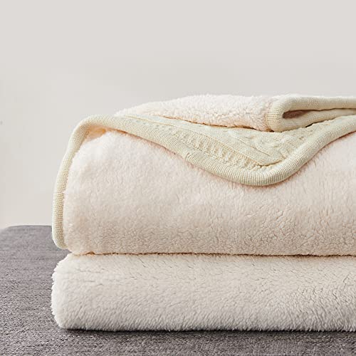 Longhui bedding Cream Acrylic Cable Knit Sherpa Throw Blanket - Thick, Soft, Big, Cozy Knitted Fleece Blankets for Couch, Sofa, Bed - Large 60 x 80 Inches Beige Coverlet All Season - color: Cream, size: 60"x80", Oversize