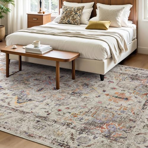 YOH Boho Washable Rug 4x6, Vintage Multi Non Slip Area Rug, Distressed Indoor Carpet for Living Room Bedroom Kitchen Office - color: Vintage Multi, size: 4' x 6' (Rectangular)