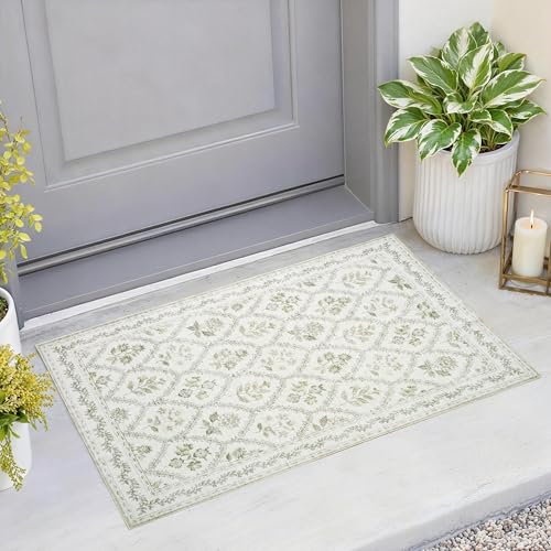 Small Green Rugs 2x3 Sage Green Kitchen for Entryway, Soft Washable Floral Printed Small Area Rug, Non-Slip Kitchen Mat, Low-Pile Indoor Bathroom Farmhouse Carpet for Entrance Cottage Boho - color: Sage / Cream, size: 2' x 3' (Rectangular)